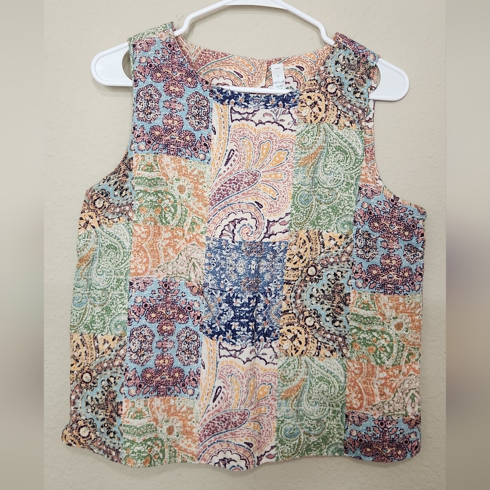 Rachel Zoe Linen Patchwork Print Sleeveless Top Size Small